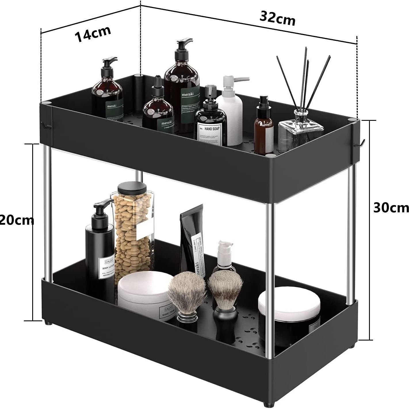 2 Tier Under Sink Organizer Sliding Cabinet Basket Organizer Storage Rack with Hooks
