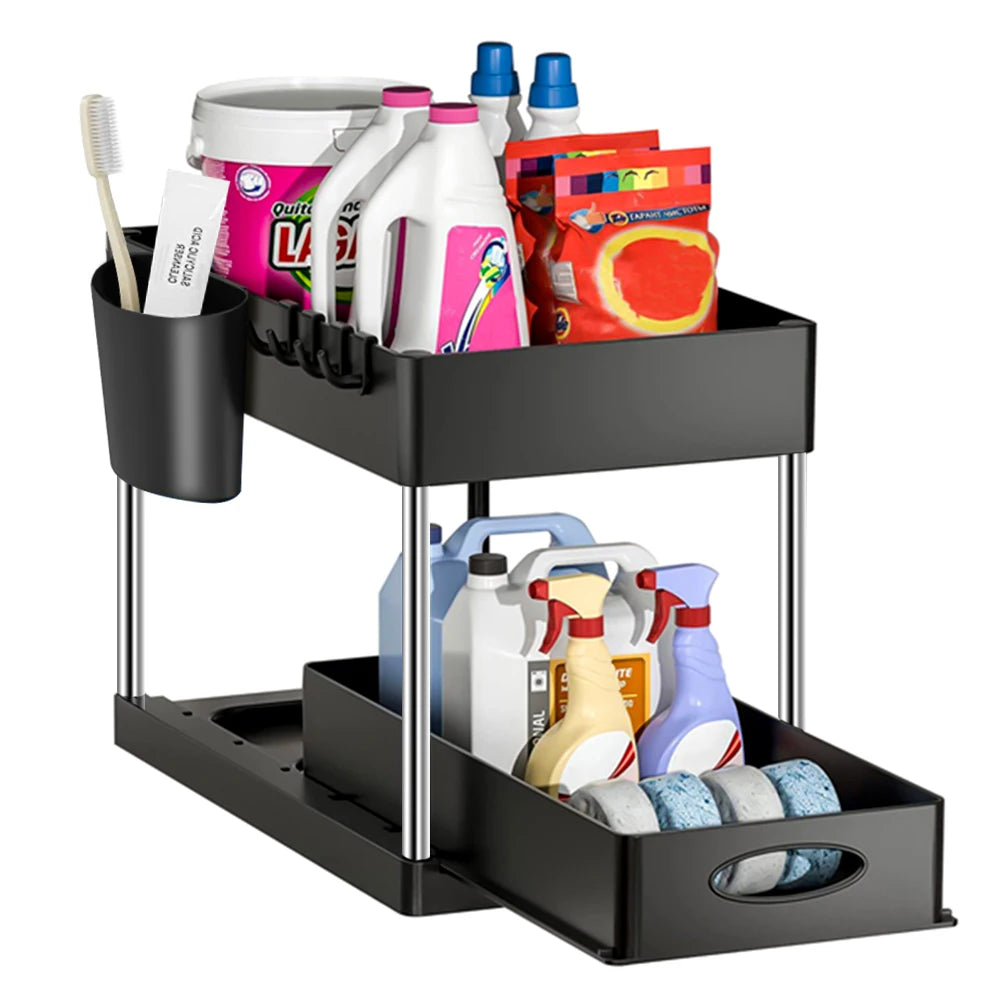 2 Tier Under Sink Organizer Sliding Cabinet Basket Organizer Storage Rack with Hooks