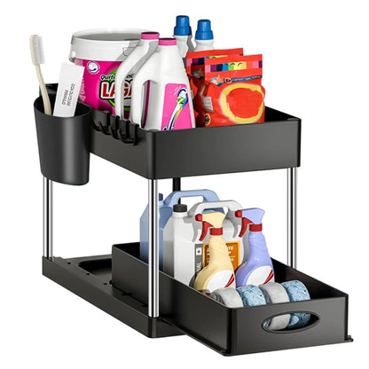2 Tier Under Sink Organizer Sliding Cabinet Basket Organizer Storage Rack with Hooks