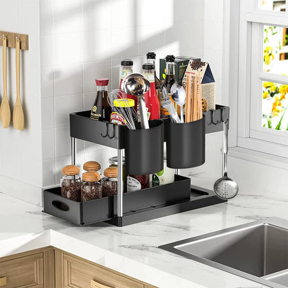 2 Tier Under Sink Organizer Sliding Cabinet Basket Organizer Storage Rack with Hooks