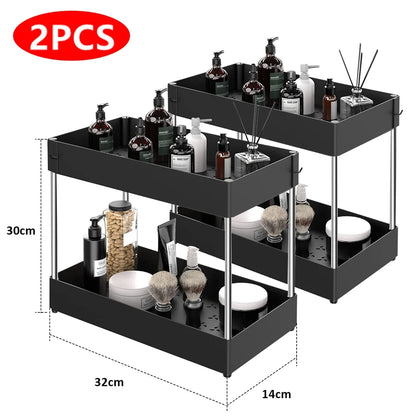 2 Tier Under Sink Organizer Sliding Cabinet Basket Organizer Storage Rack with Hooks