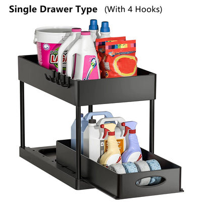 2 Tier Under Sink Organizer Sliding Cabinet Basket Organizer Storage Rack with Hooks