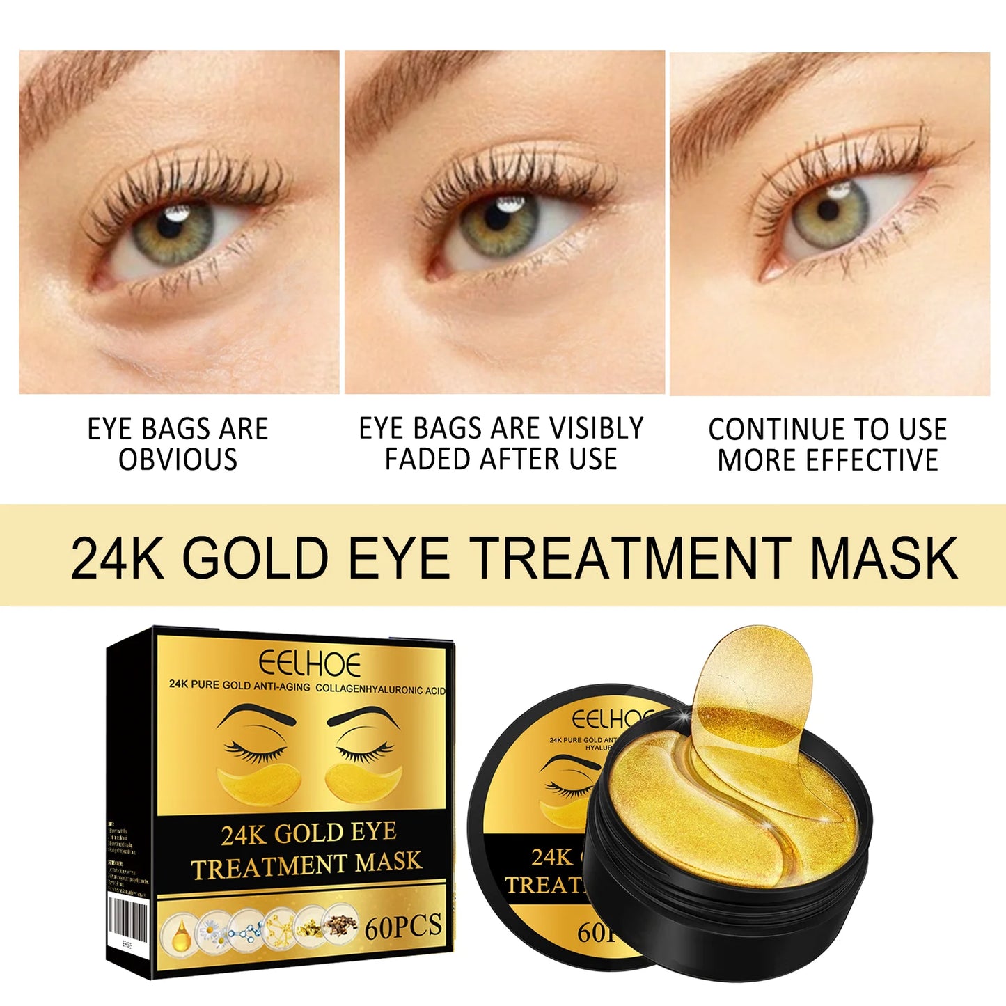 60PCS 24K Gold Eye Mask Anti Dark Circles Removal Eyes Bags Moisturizing