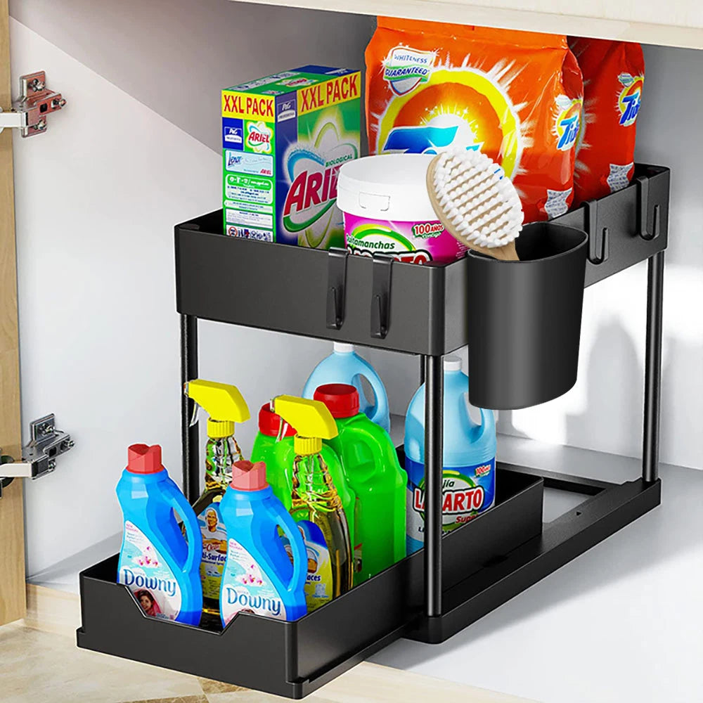 2 Tier Under Sink Organizer Sliding Cabinet Basket Organizer Storage Rack with Hooks