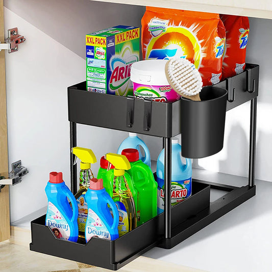2 Tier Under Sink Organizer Sliding Cabinet Basket Organizer Storage Rack with Hooks