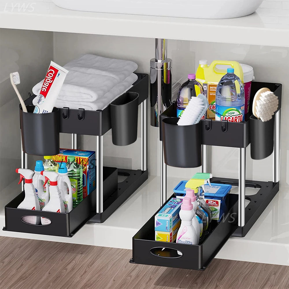 2 Tier Under Sink Organizer Sliding Cabinet Basket Organizer Storage Rack with Hooks
