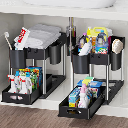2 Tier Under Sink Organizer Sliding Cabinet Basket Organizer Storage Rack with Hooks