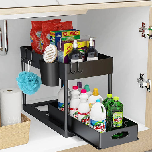 2 Tier Under Sink Organizer Sliding Cabinet Basket Organizer Storage Rack with Hooks