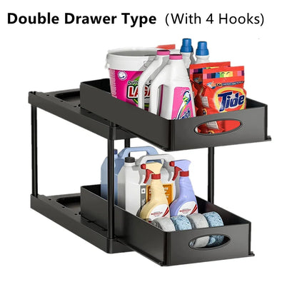 2 Tier Under Sink Organizer Sliding Cabinet Basket Organizer Storage Rack with Hooks