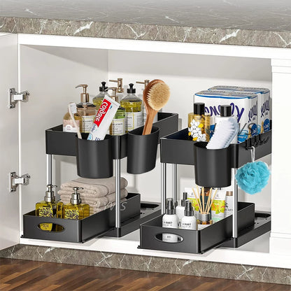2 Tier Under Sink Organizer Sliding Cabinet Basket Organizer Storage Rack with Hooks