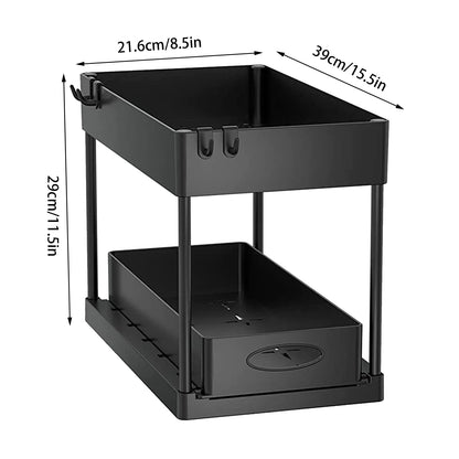 2 Tier Under Sink Organizer Sliding Cabinet Basket Organizer Storage Rack with Hooks