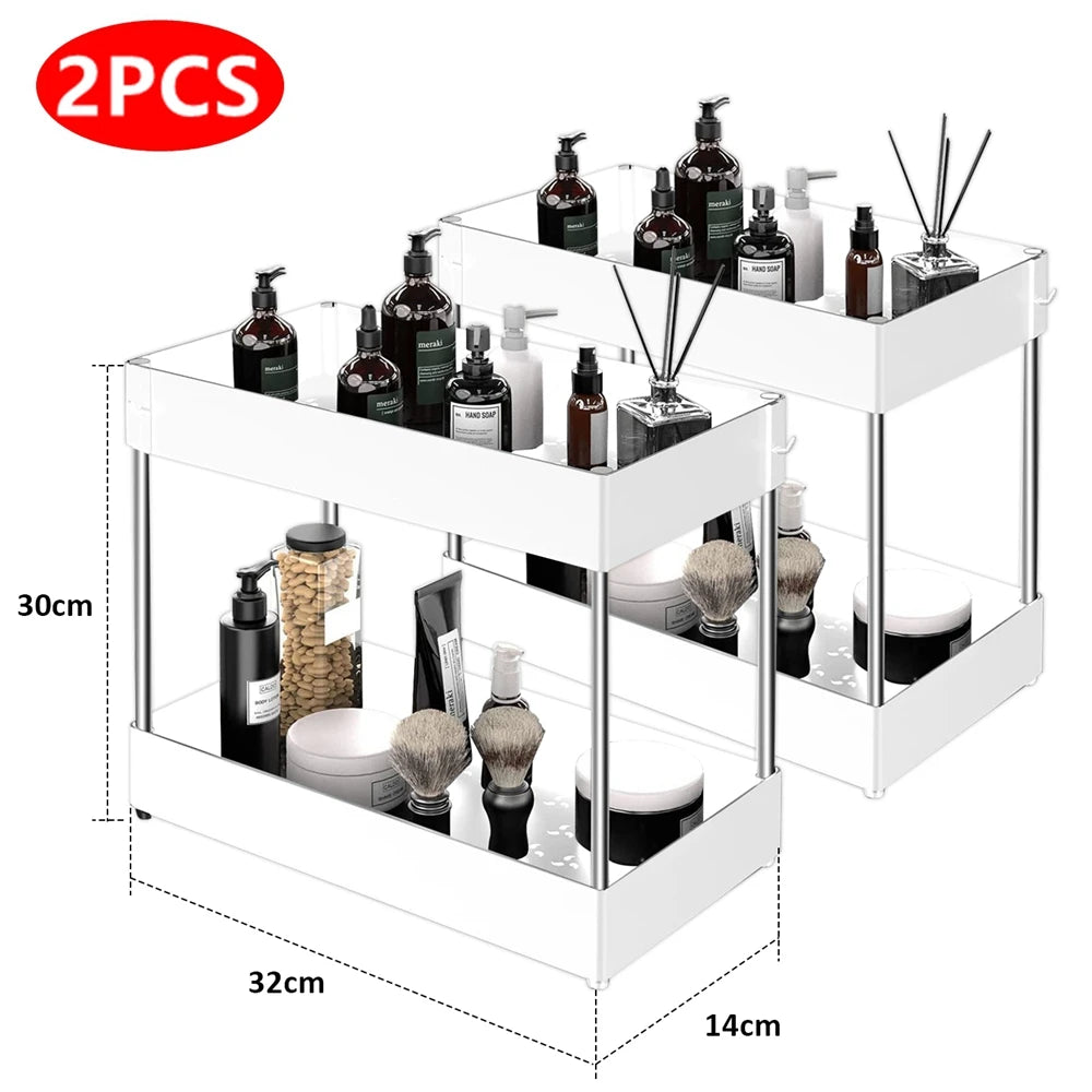2 Tier Under Sink Organizer Sliding Cabinet Basket Organizer Storage Rack with Hooks